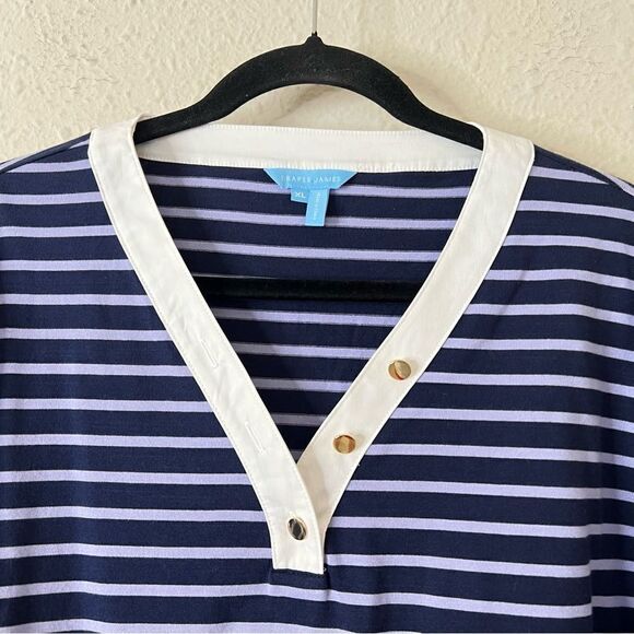 Draper James V-Neck Puff Sleeve Shirt in Nassau Navy Mariner Stripe Size XL - Picture 4 of 7